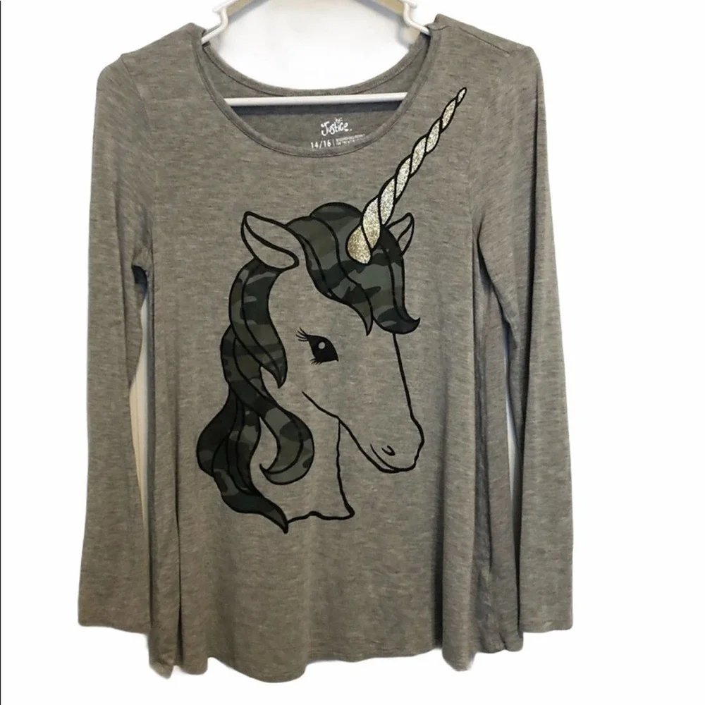 JUSTICE Camo Unicorn Long Sleeve Grey Graphic Tee